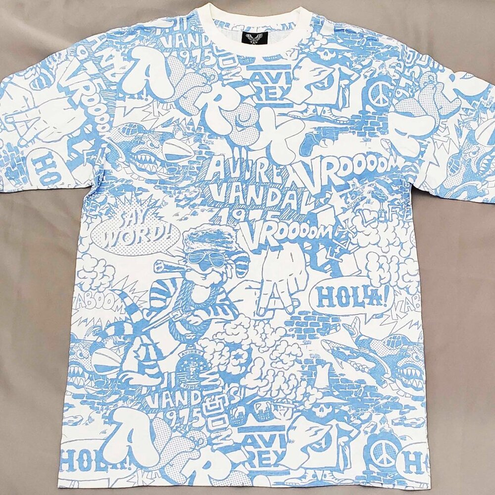 Avirex Mens Vintage All Over Print Logo Graffiti Vandal Gun Holla T-shirt XL